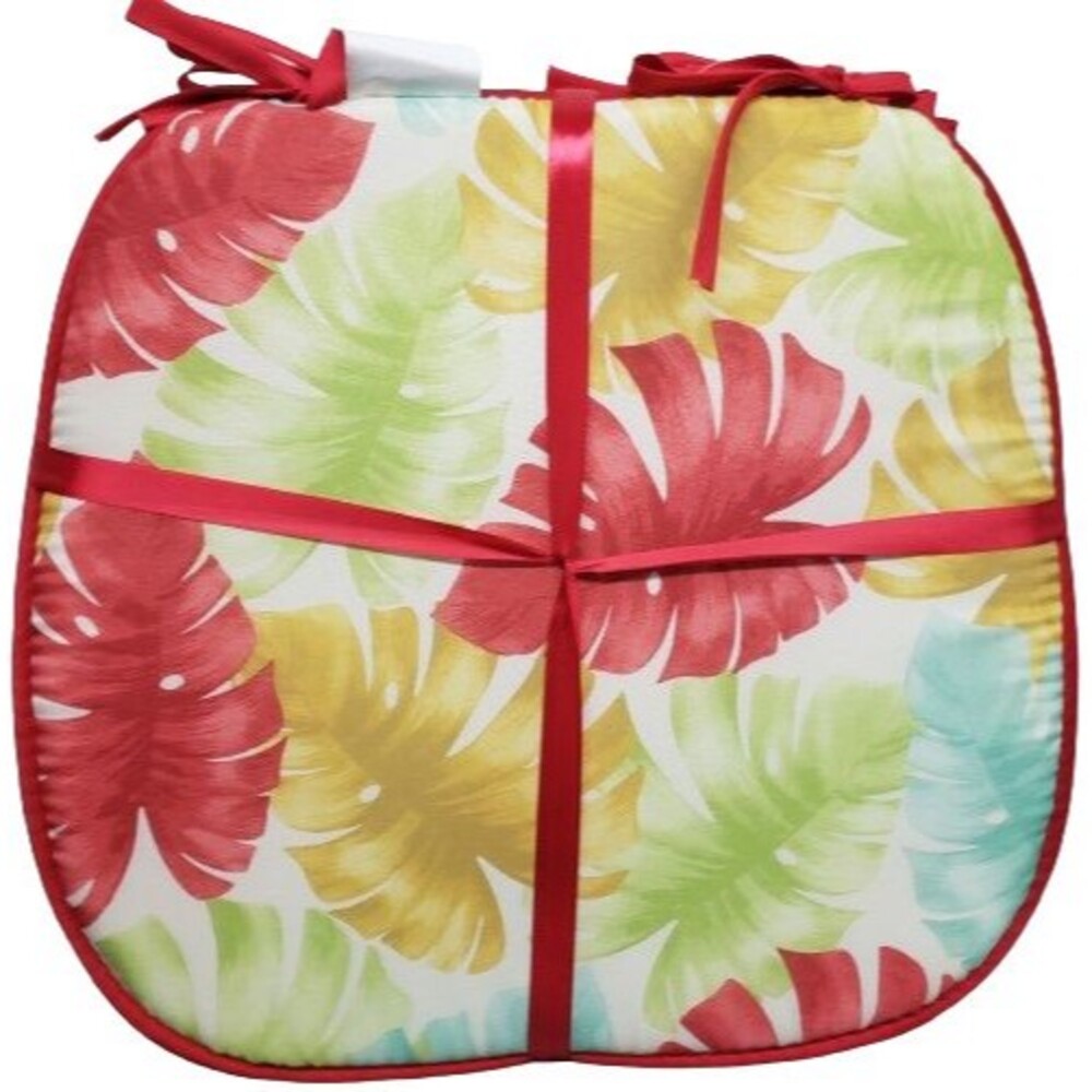 Set of 4 CHAIR PADS CUSHIONS with red ties 15x15",COLORFUL LARGE PALM LEAVES, BH